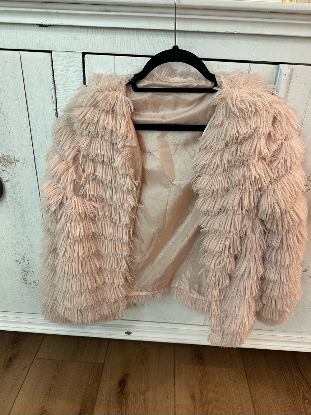 American Threads Layered Fringe Faux-Fur Jacket in Blush